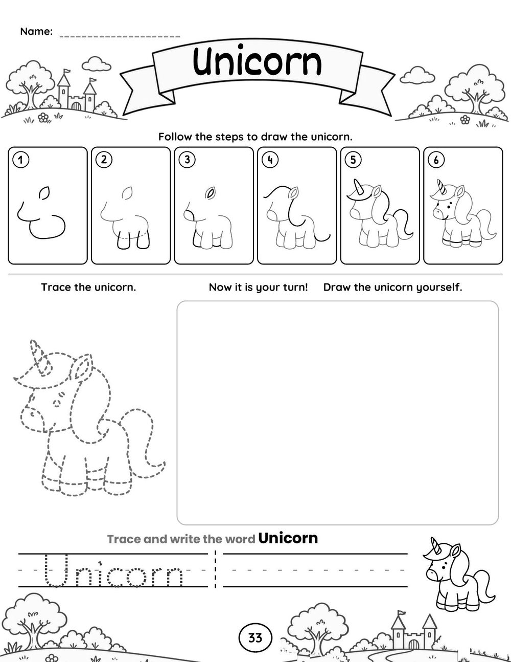 A directed drawing worksheet for grades K-2. Six numbered boxes show a unicorn built up from simple curved shapes. Below them, a dashed unicorn outline to trace, an empty box to draw in, and primary ruled lines with the word Unicorn to trace and write.