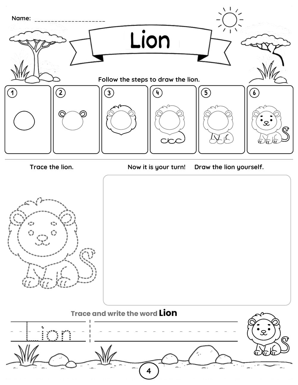 A directed drawing worksheet for grades K-2. A row of six numbered boxes shows a lion built up from a circle. Below it, a dashed lion outline to trace, an empty box to draw in, and primary ruled lines with the word Lion to trace and write.