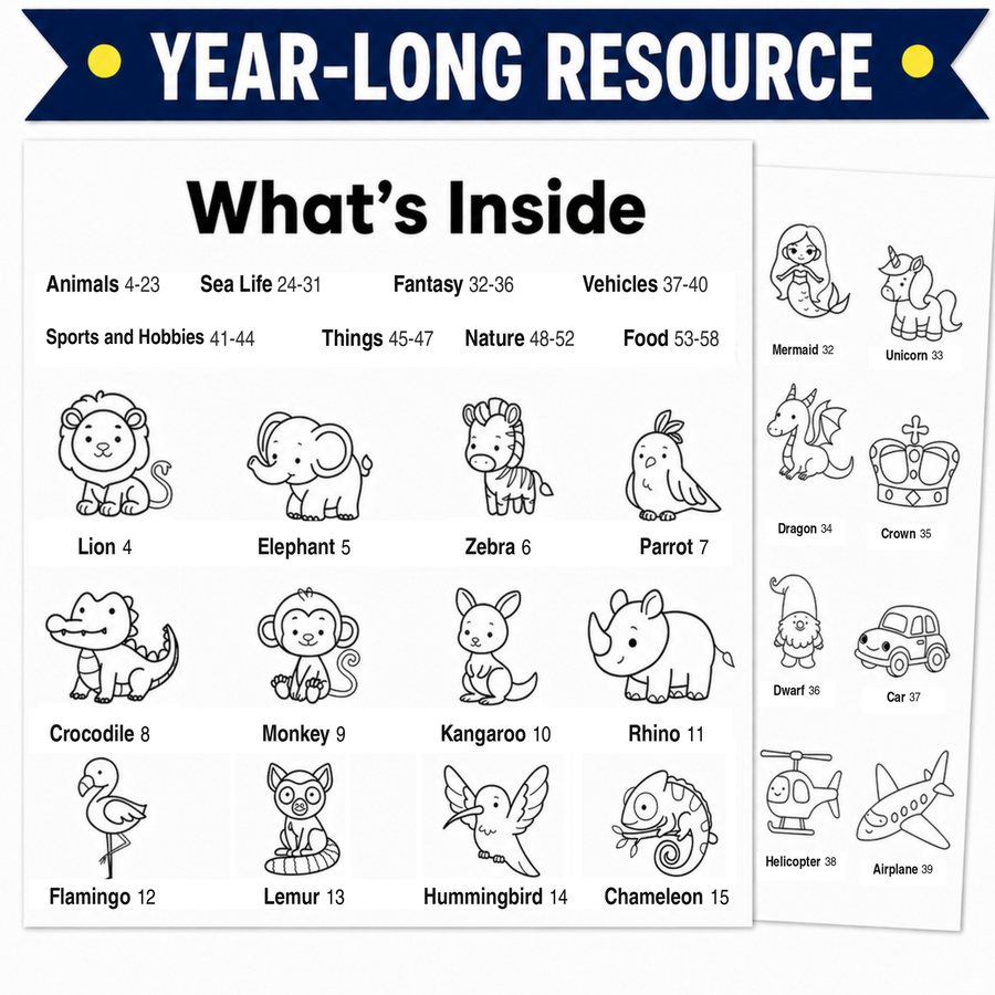 Illustrated contents of the full book: eight themes listed with page ranges, then rows of small line drawings, each with its name and page number, including a lion, an elephant, a zebra, a parrot, a crocodile, a monkey, a kangaroo, a rhino, a mermaid, a unicorn, a dragon, a car, a helicopter and an airplane.